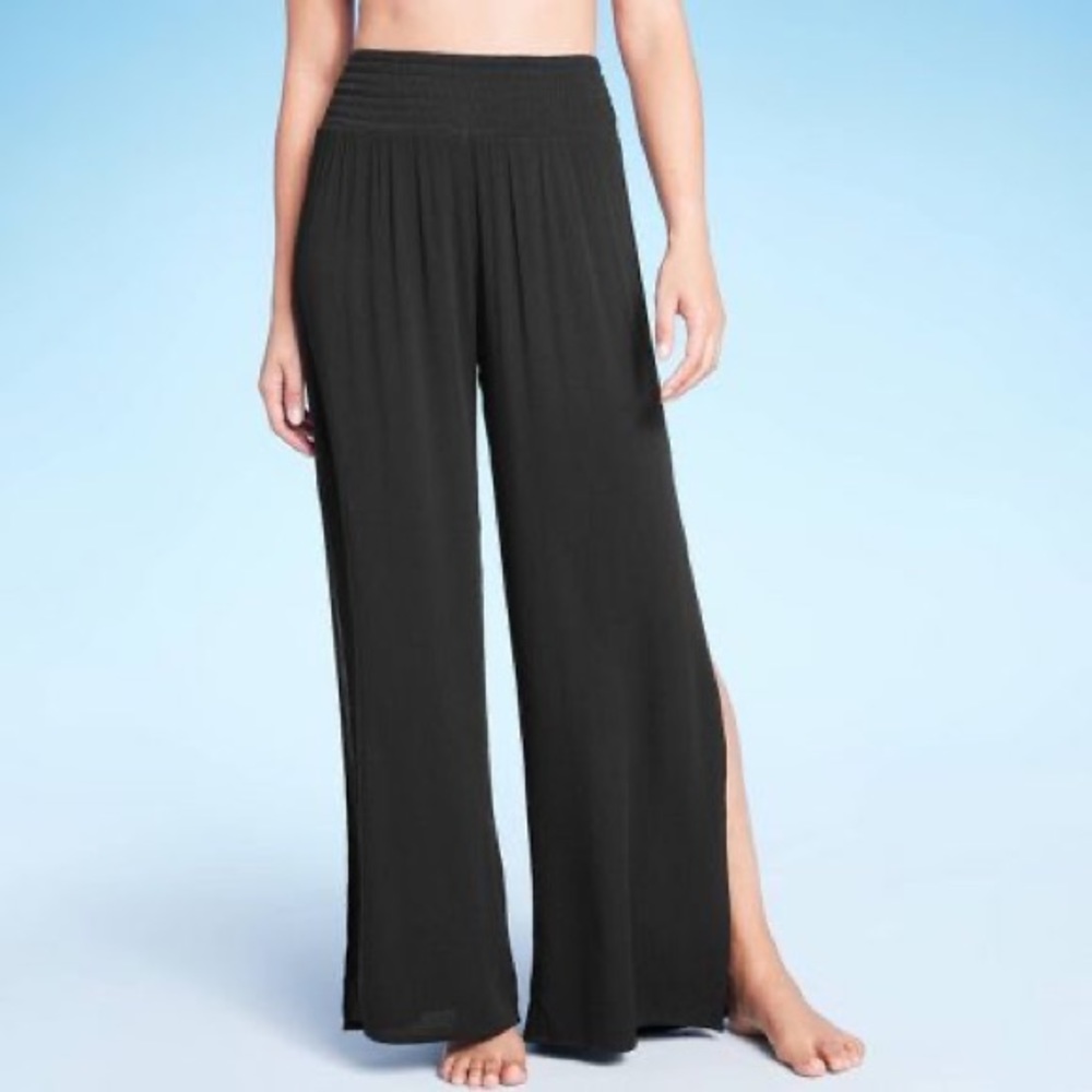 KONA SOL NWT Black Women's Smocked Waist Side Slit Cover Up Pants